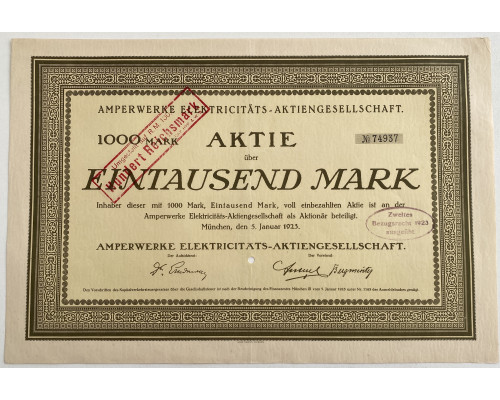 Германия. Акция 1000 марок 1923 года.
