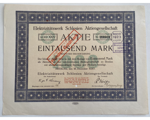 Германия. Акция 1000 марок 1920 года.