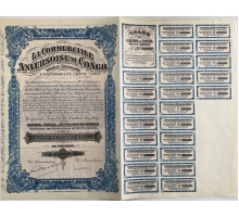 Торговая компания Антверпена в Конго . Акция 100 франков  1922 года . С полным купонным листом . 