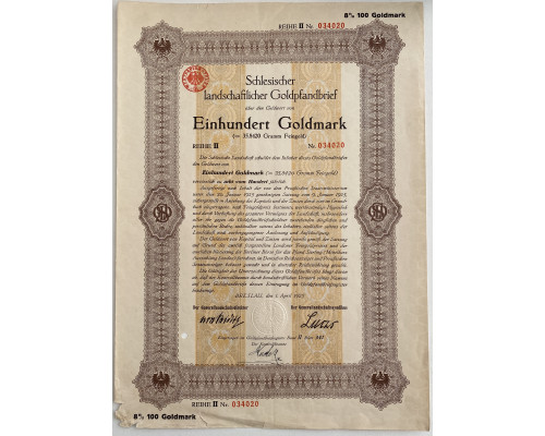 Германия , земельная  8 % ипотечная облигация .100 золотых марок 1925 год . 