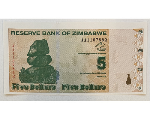 Зимбабве 5 долларов 2009 год . UNC .