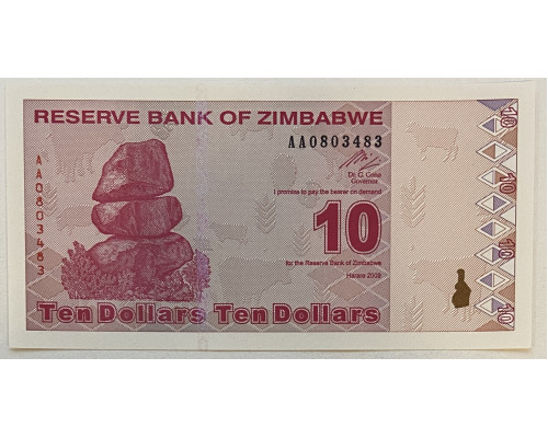 Зимбабве 10 долларов 2009 г . UNC .