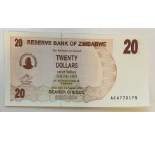 Зимбабве 20 долларов 2007 год . UNC . 