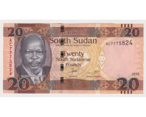 Южный Судан 20 фунтов 2015 года.UNC